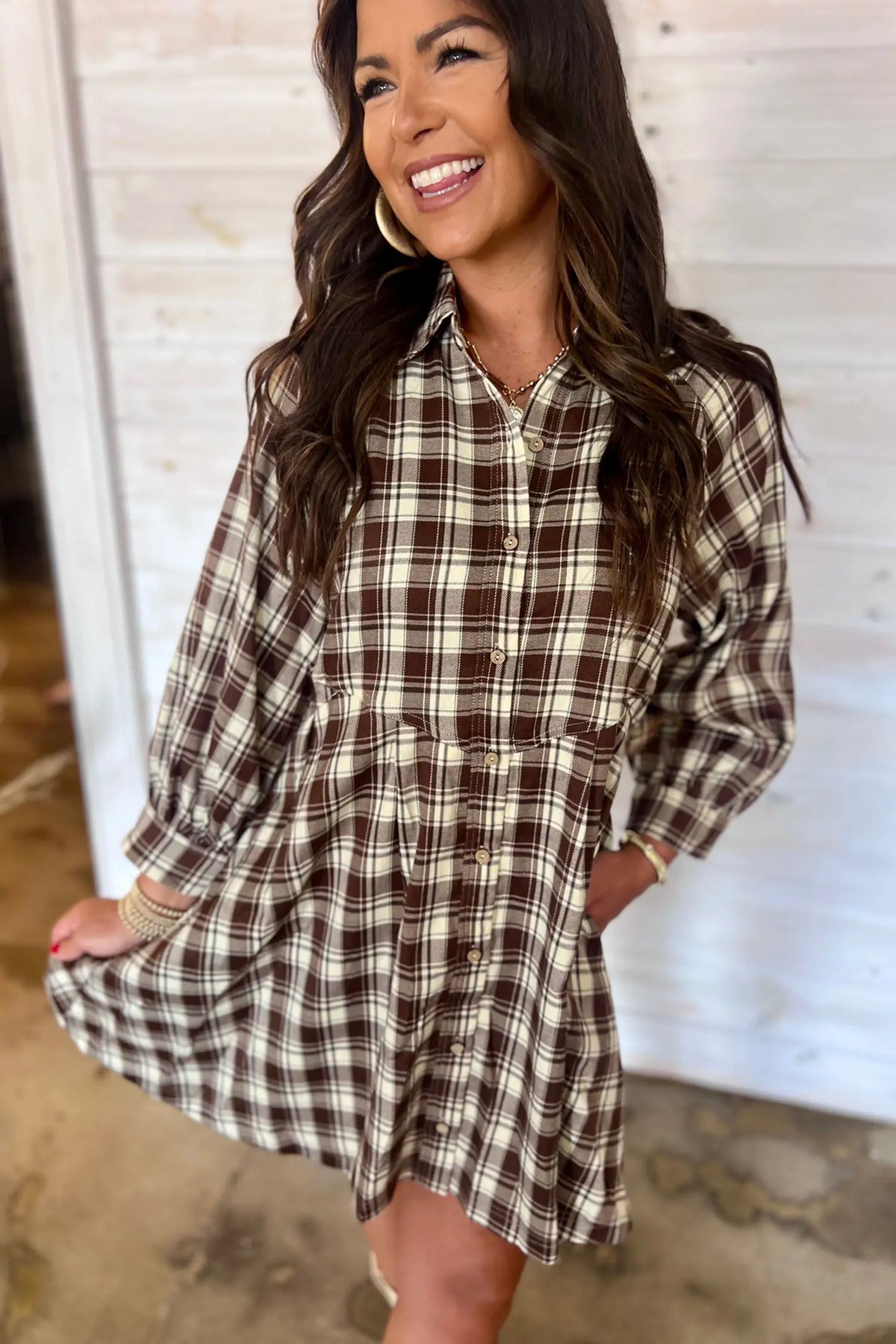 Plaid Long Sleeve Short Shift Mini Dress – Brown