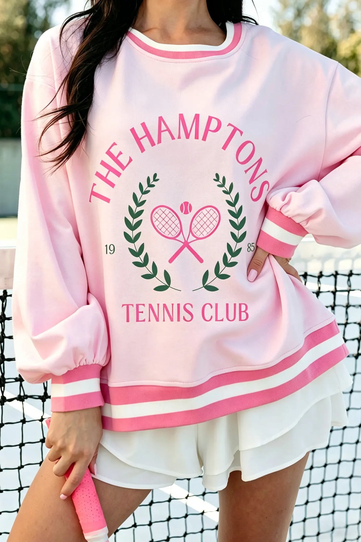Embroidered Tennis Club Crew Neck Pullover Sweatshirt – Pink