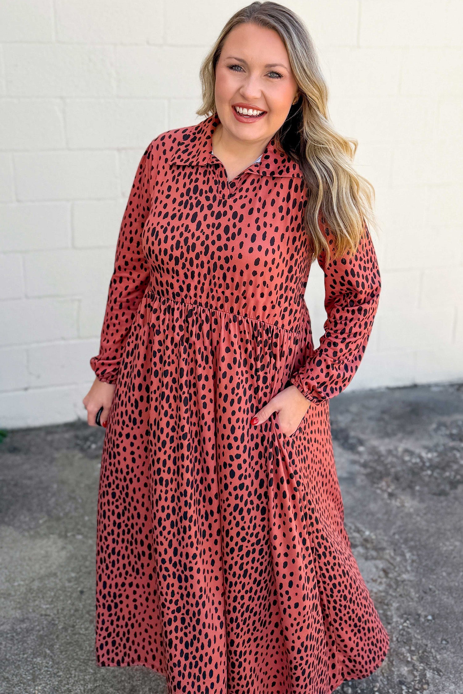 Leopard Print Long Sleeve V Neck Plus Size Midi Dress – Red