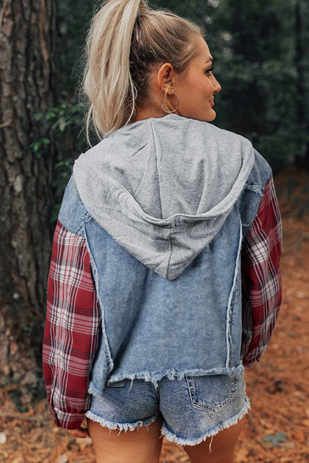 Beau Blue Plaid Print Patchwork Hooded Raw Hem Denim Jacket Beagle Boutique Fashion Outlet