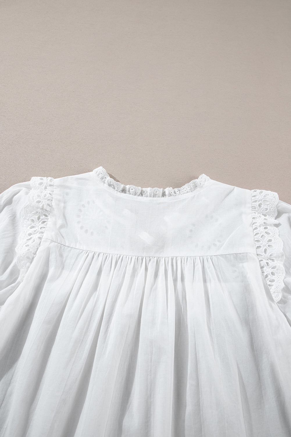 White Embroidered Lace Patchwork Tie Neck Puff Short Sleeve Blouse eAura