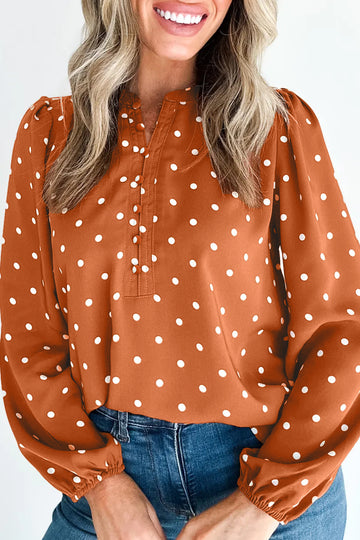 Polka Dot Half Button V Neck Long Sleeve Blouse – Brown