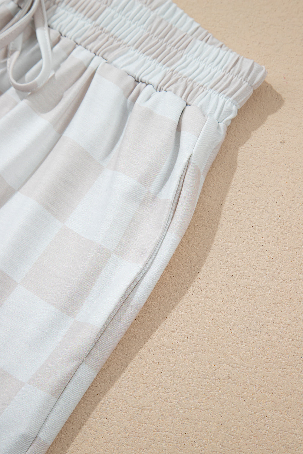 Beige Checkered V Neck Tee Drawstring Shorts Lounge Set eAura