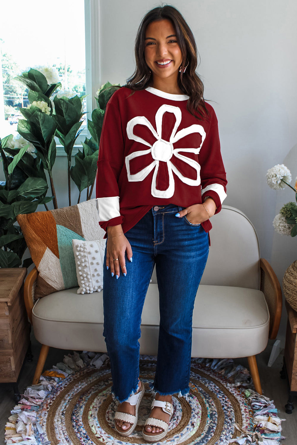 Daisy Flower Patched Round Neck Long Sleeve Top - eAura
