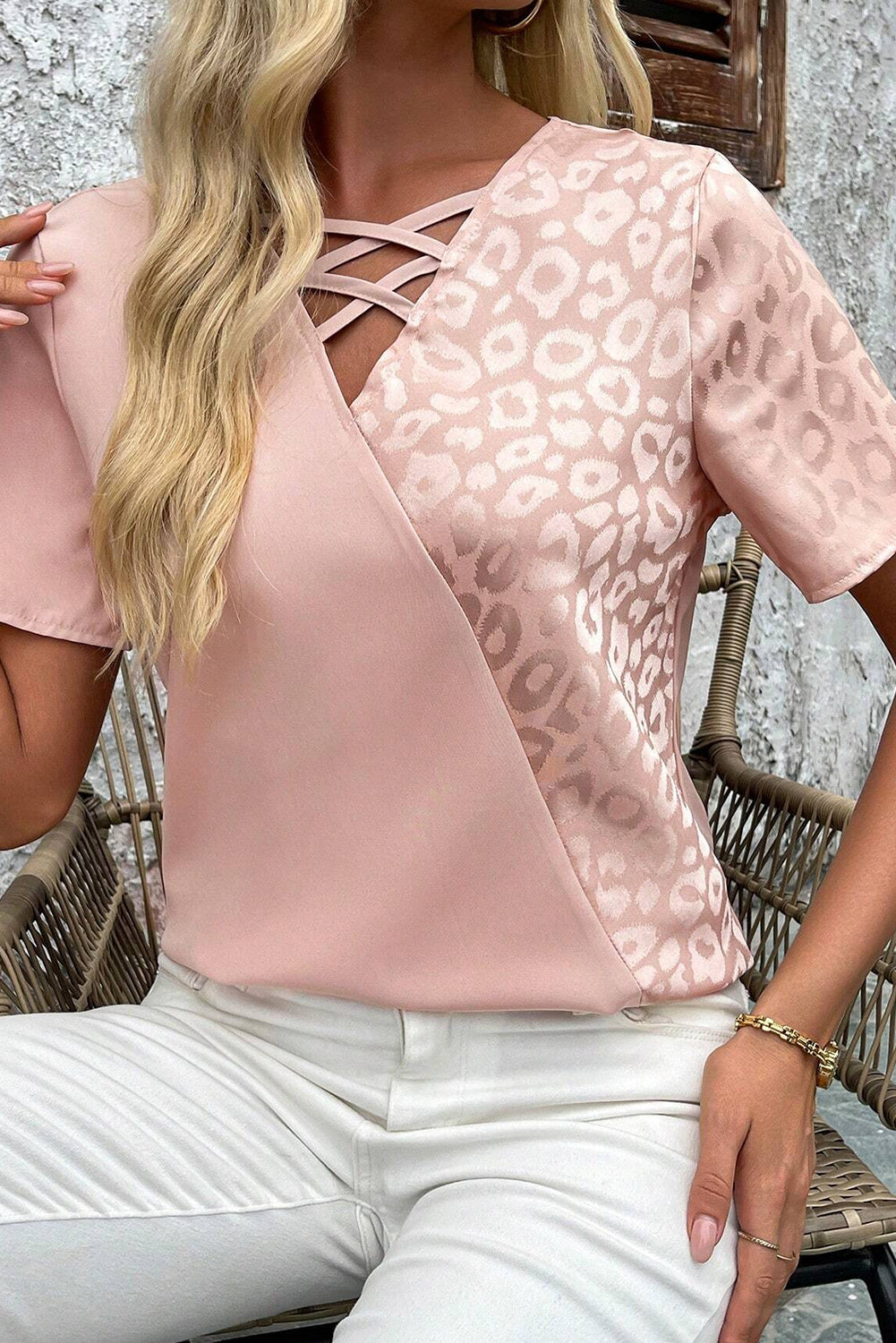 Pink Leopard Jacquard Patchwork Crisscross V-Neck Short Sleeve Blouse eAura
