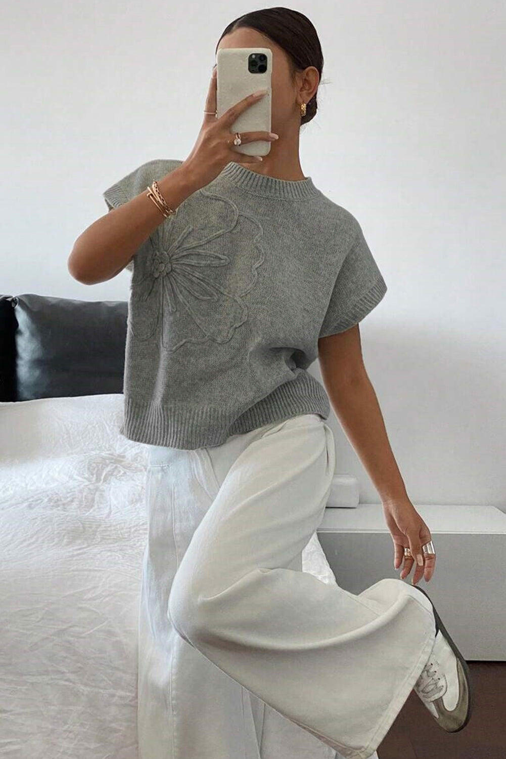 High Flower Pattern Ribbed Trim Short Sleeve Boxy Sweater eAura