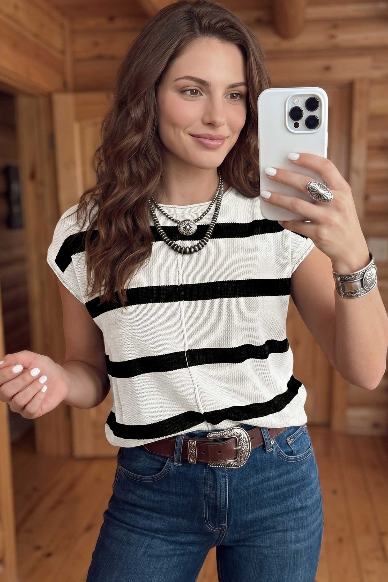 Knit Western Short Sleeve Sweater – Brown Stripe