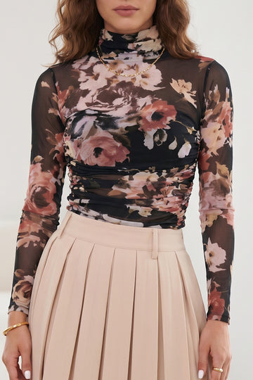 Floral Mesh Long Sleeve High Neck Bodysuit – Brown