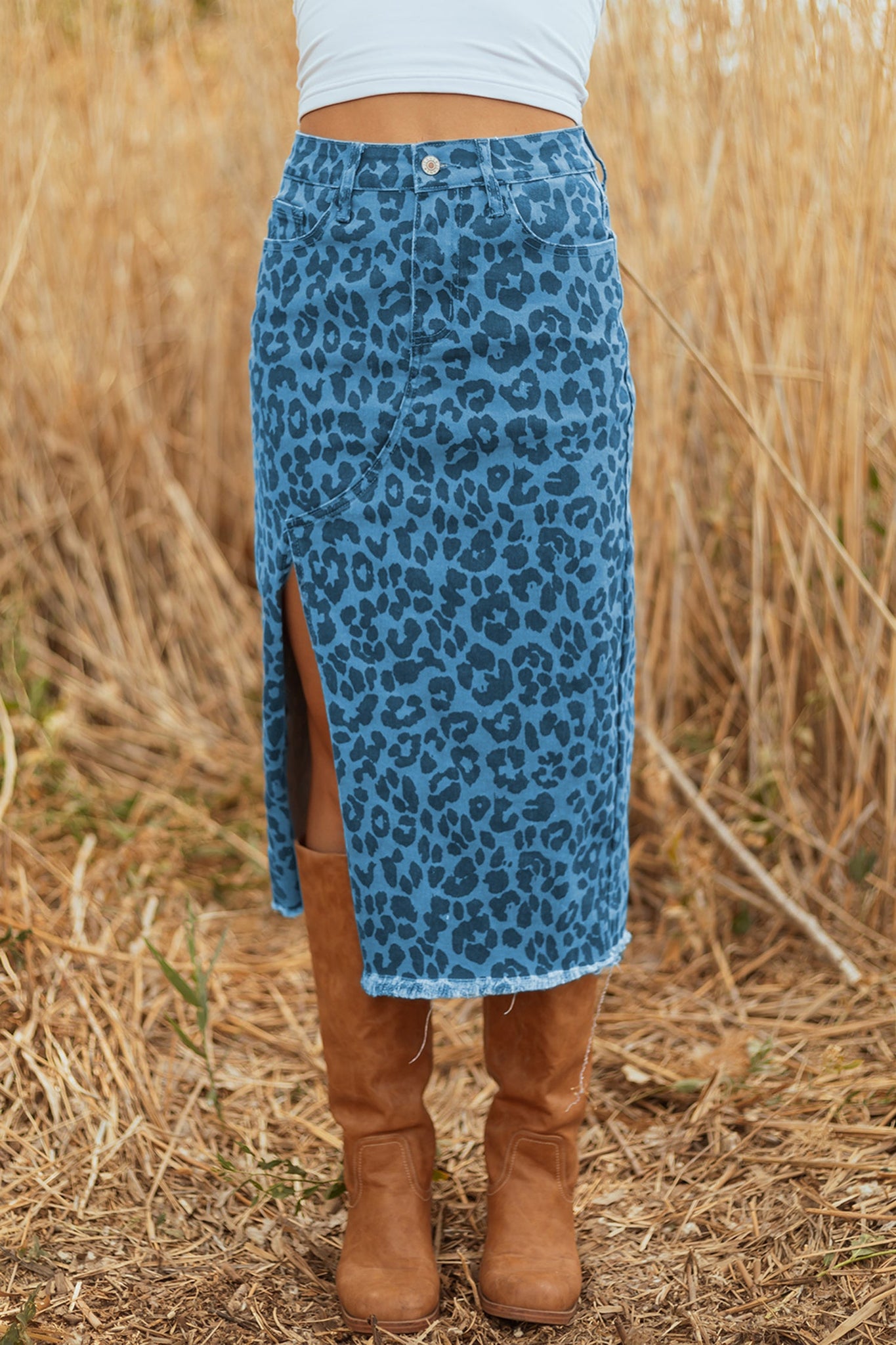 Leopard Denim Frayed Split Denim Midi Skirt - eAura