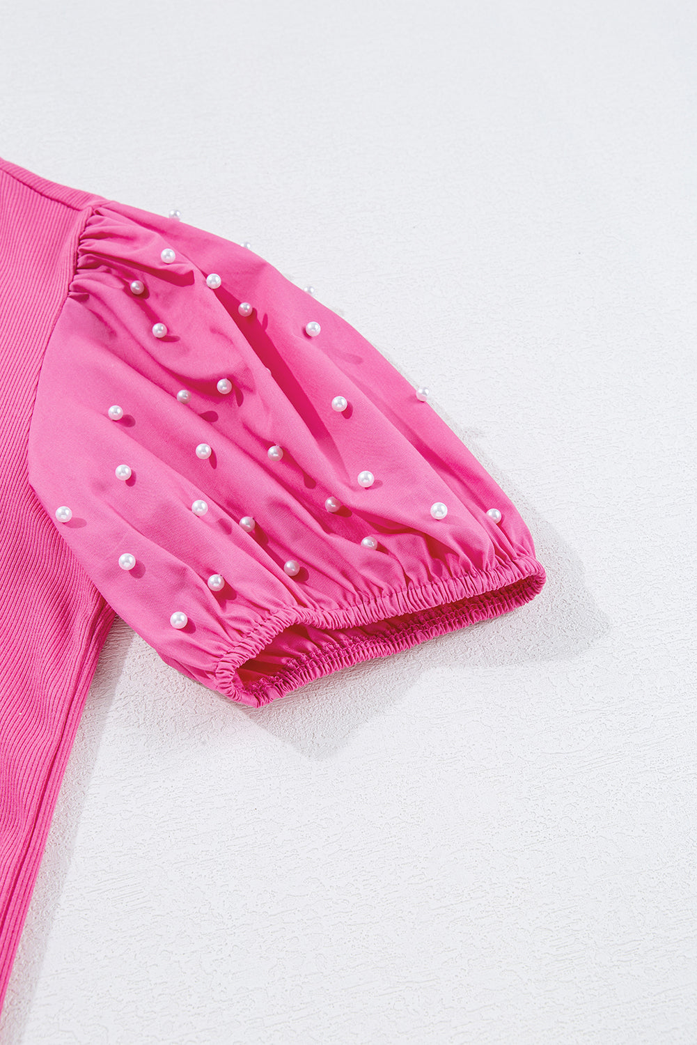 Ribbed Pearl Beaded Puff Sleeve Top - eAura