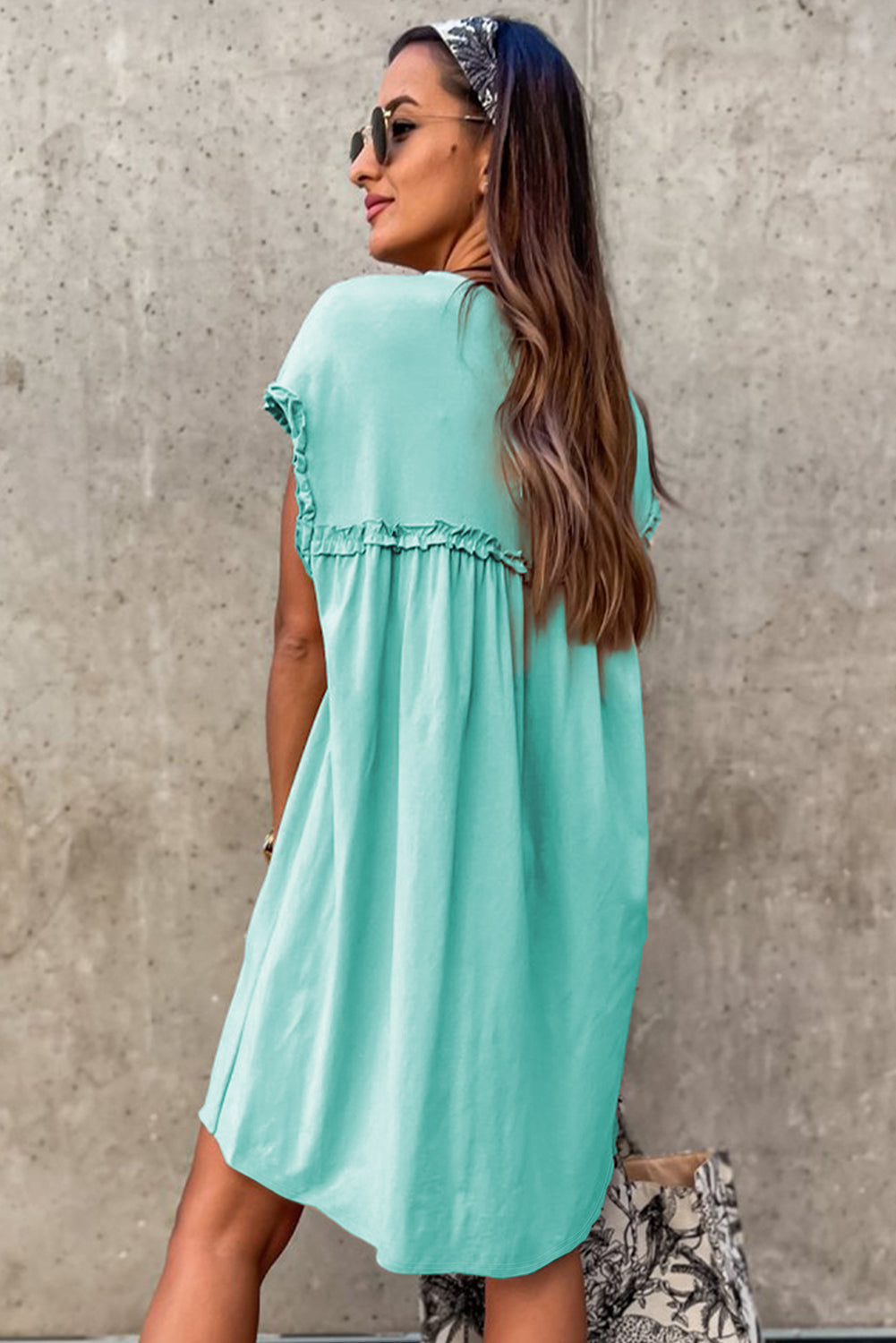 Mint Green Frilled Trim Crew Neck Loose Fit Mini Dress eAura