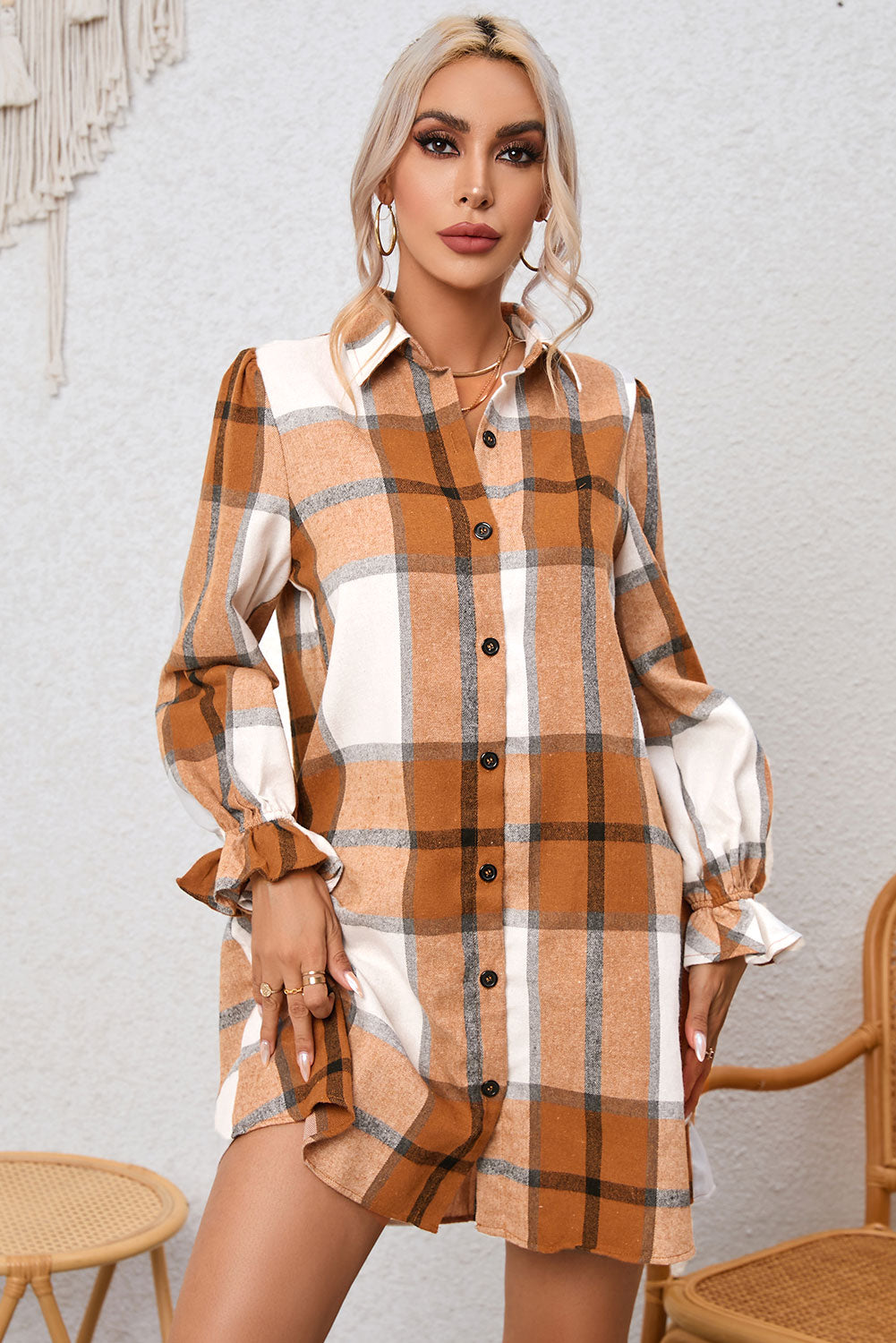 Khaki Plaid Pattern Collared Neck Ruffled Sleeve Shirt Dress eAura