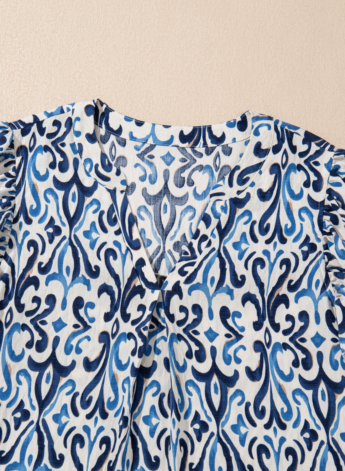 Sky Blue Boho Abstract Print Pintuck Detail Ruffled Top eAura