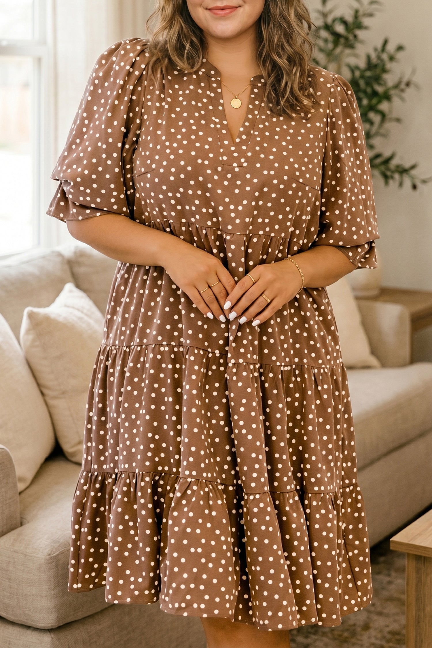 V Neck Polka Dot Long Sleeve Shift Plus Size Dress – Brown