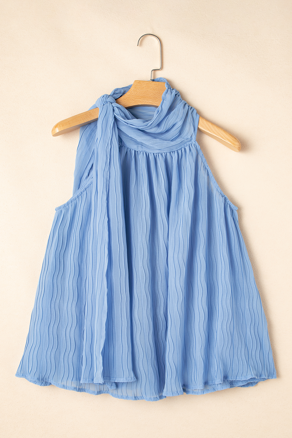 Myosotis Textured Pleated Tied Mock Neck Flowy Sleeveless Top eAura