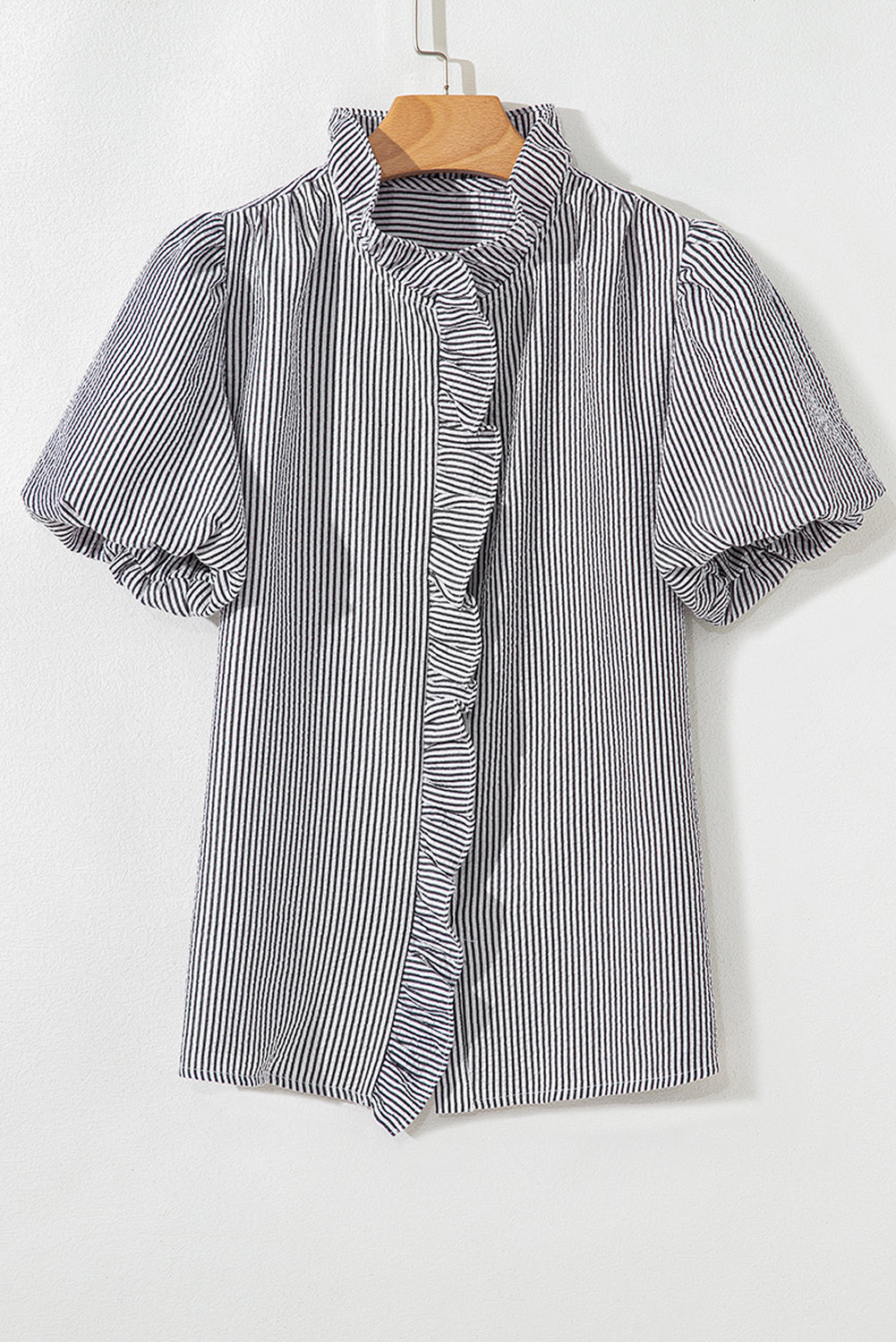 Striped Ruffle Short Bubble Sleeve Shirt eAura
