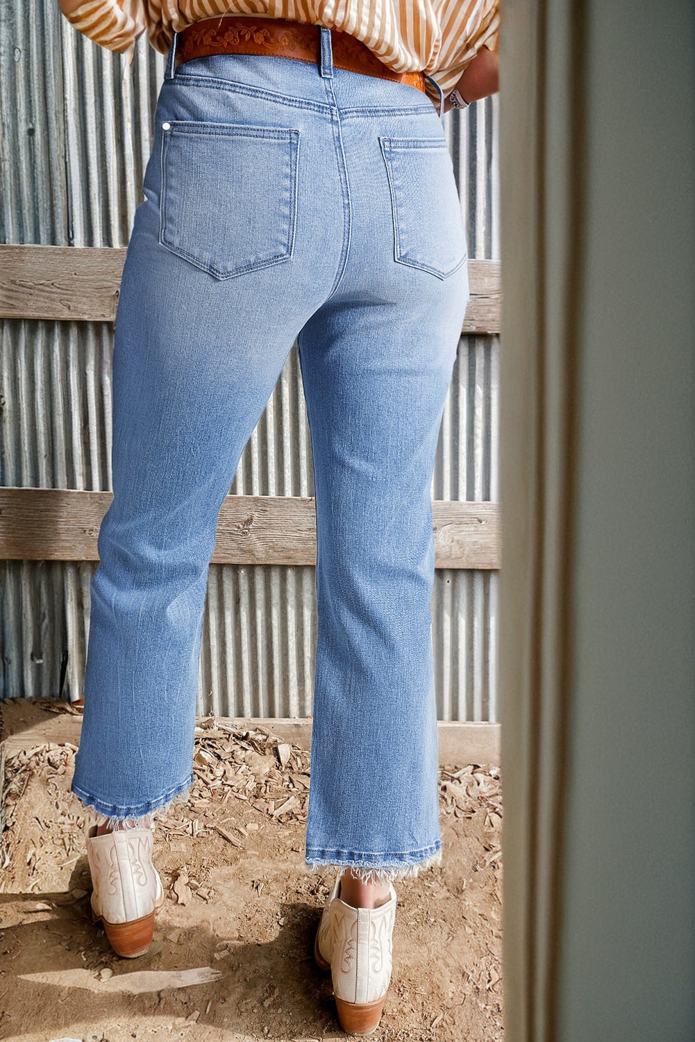 Beau Blue Mineral Wash Raw Hem High Waist Flared Jeans eAura