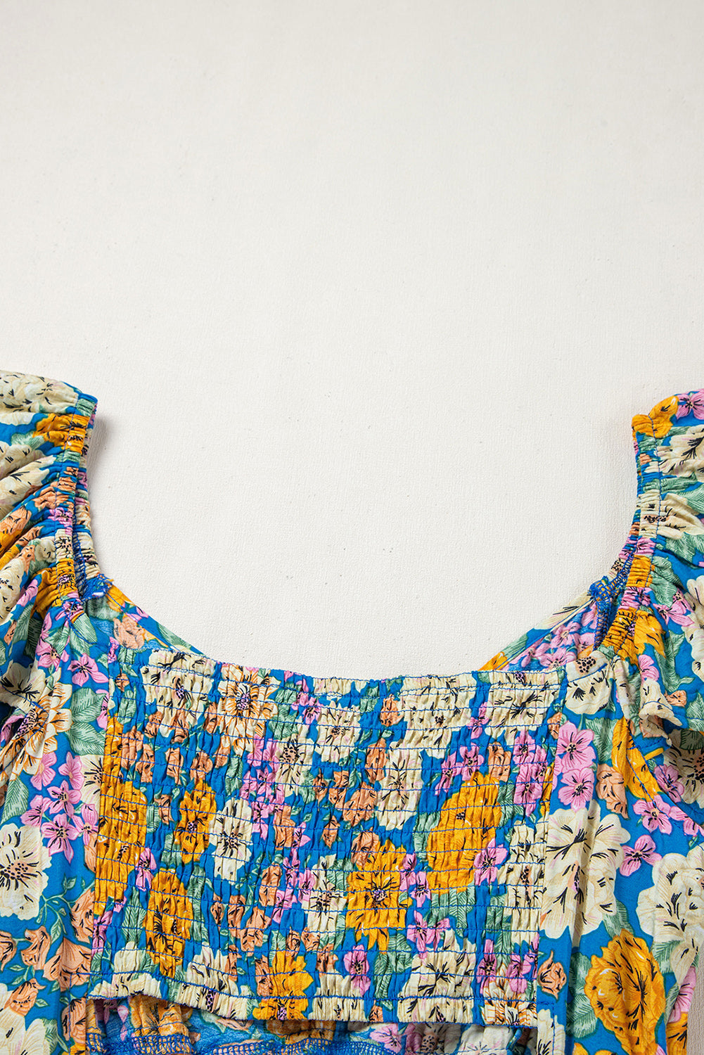 Yellow Floral Allover Print Shirred Cut Out High Waist Jumpsuit eAura