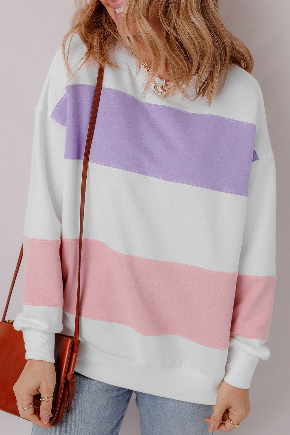 Beige Colourblock Patchwork Drop Shoulder Crewneck Sweatshirt eAura
