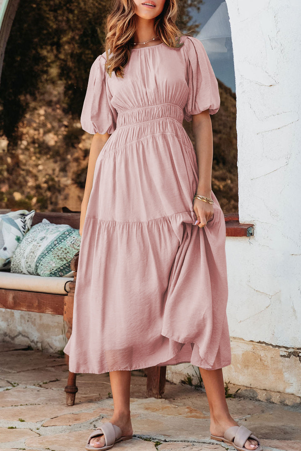 Pink Puff Sleeve Pleated High Waist Flowy Long Dress eAura