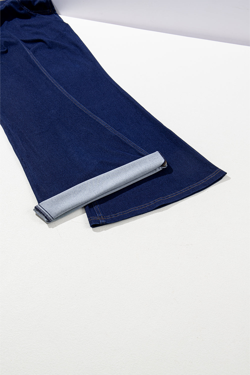 Dusk Blue Solid Crossed Waist High Elastic Fit Flare Jeans Beagle Boutique Fashion Outlet
