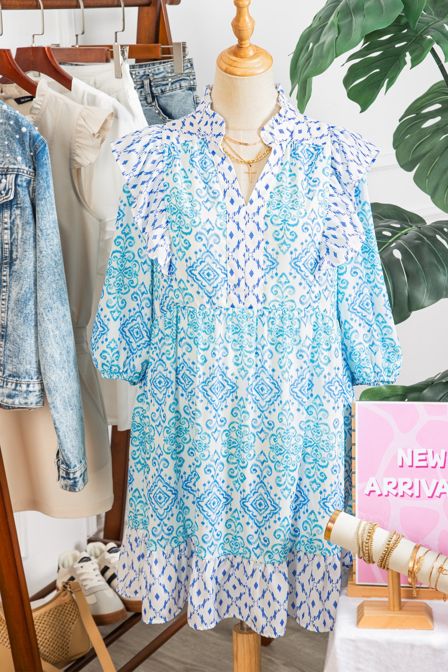 Boho Floral Geometric Patchwork Ruffle Puff Sleeve Mini Dress