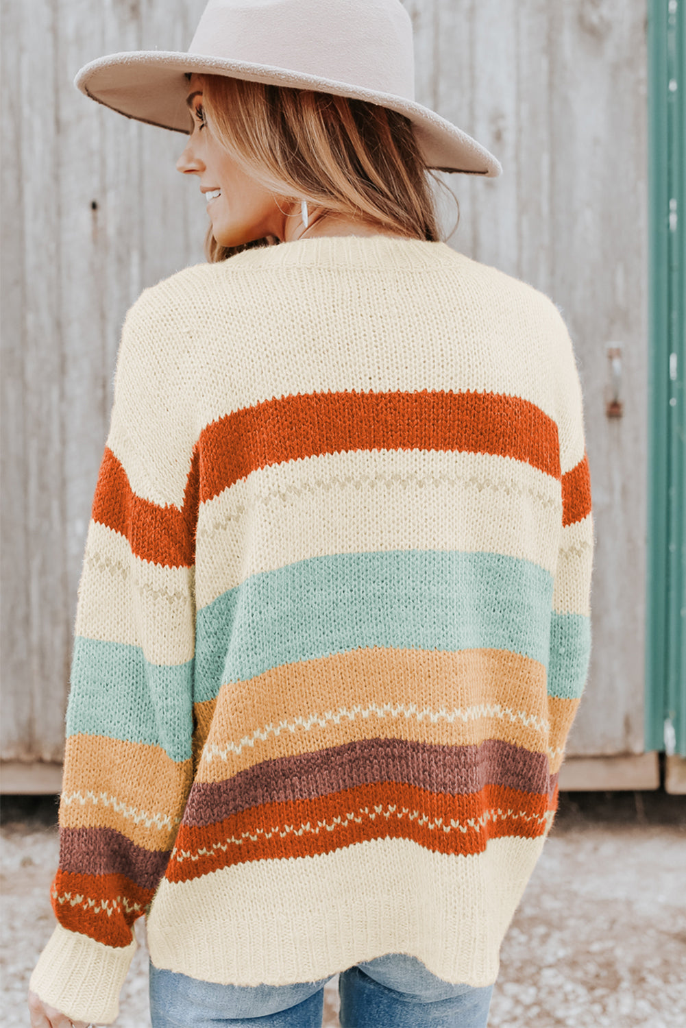 Crew Neck Drop-shoulder Striped Colour Block Sweater eAura