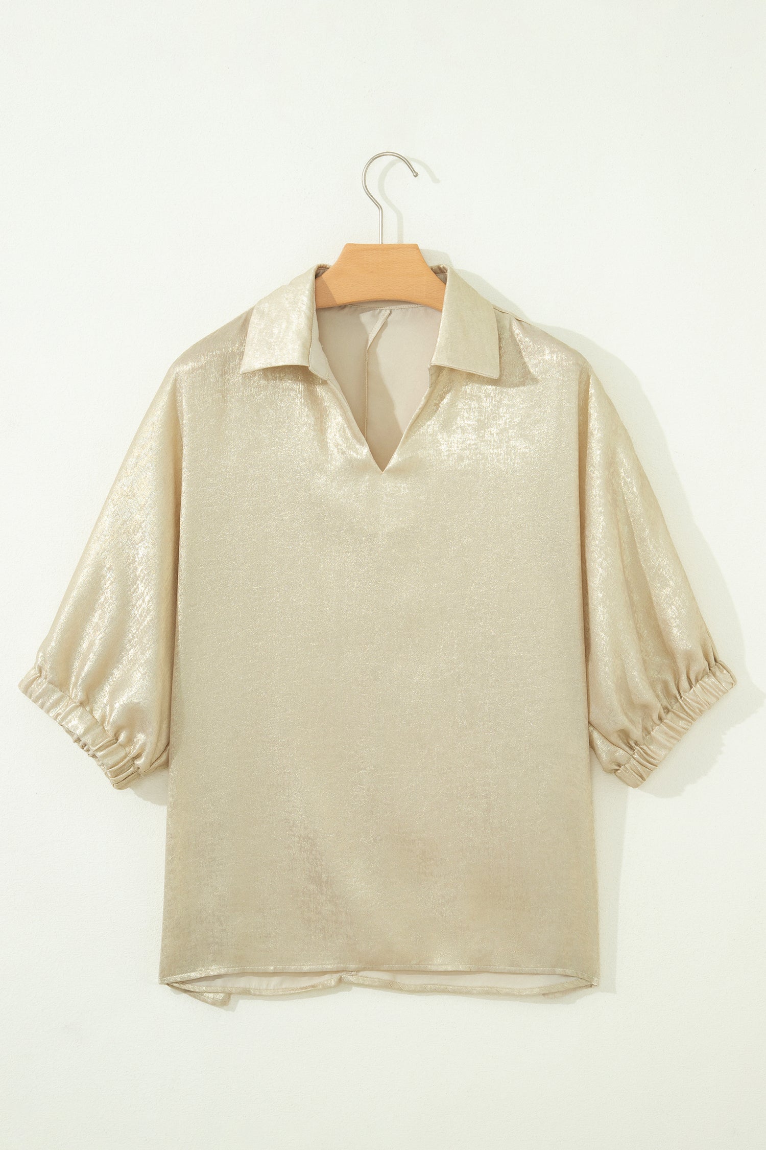 Collared V-Neck Half Sleeve Metallic Top