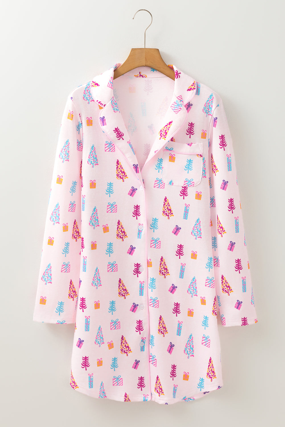 Pink Christmas Twinkle Tree Print Shirt Nightie Sleep Dress eAura