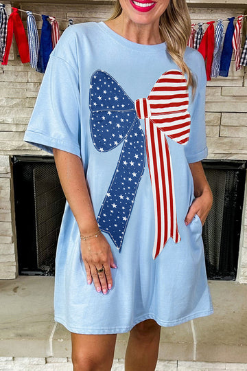 Big Bow Stitched T-Shirt Shift Mini Dress – Blue