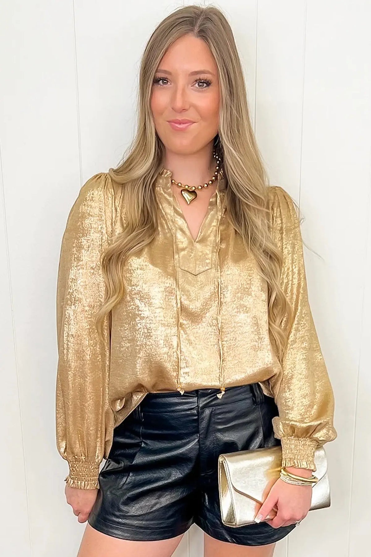 Metallic Sheen V Neck Gathered Cuff Long Sleeve Blouse – Gold