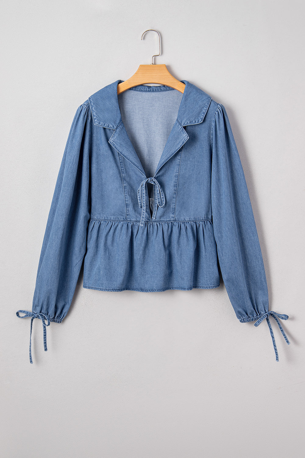 Dusk Blue Denim Lapel Neck Balloon Sleeve Tied Peplum Top Dear-Lover Dropshipping