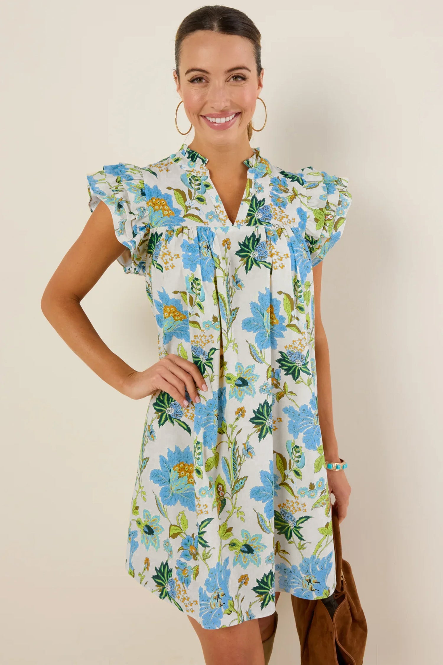 Floral Print V-Neck Triple Ruffle Short Sleeve Shift Mini Dress