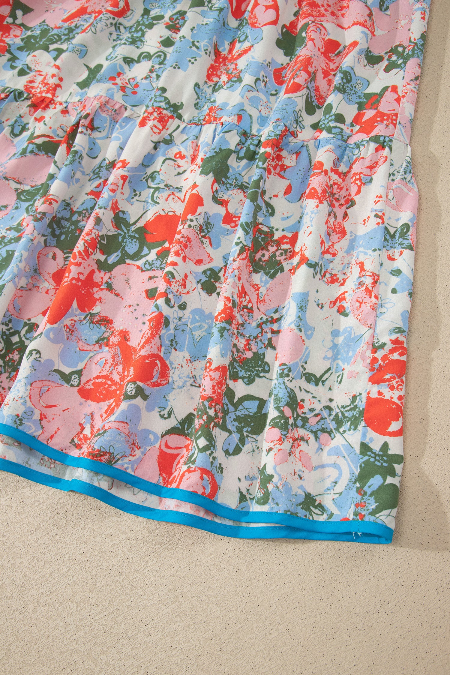 Apricot Floral Print V Neck Contrast Trim Flutter Sleeve Long Dress