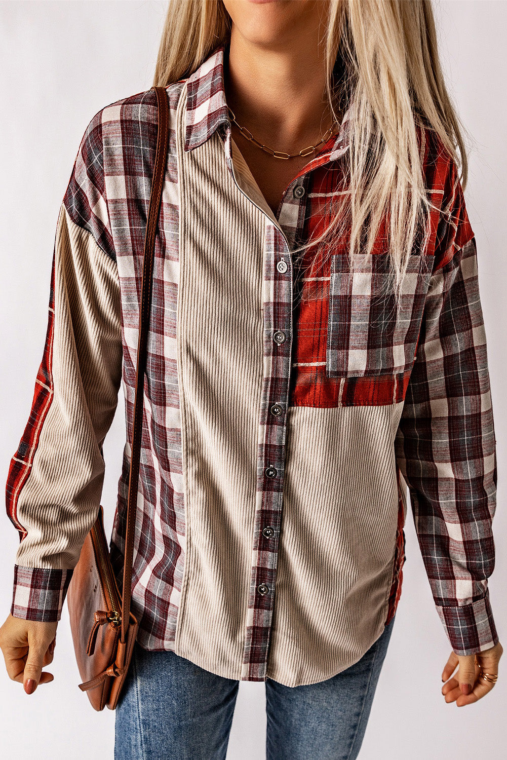 Plaid Corduroy Patchwork Shacket Beagle Boutique Fashion Outlet