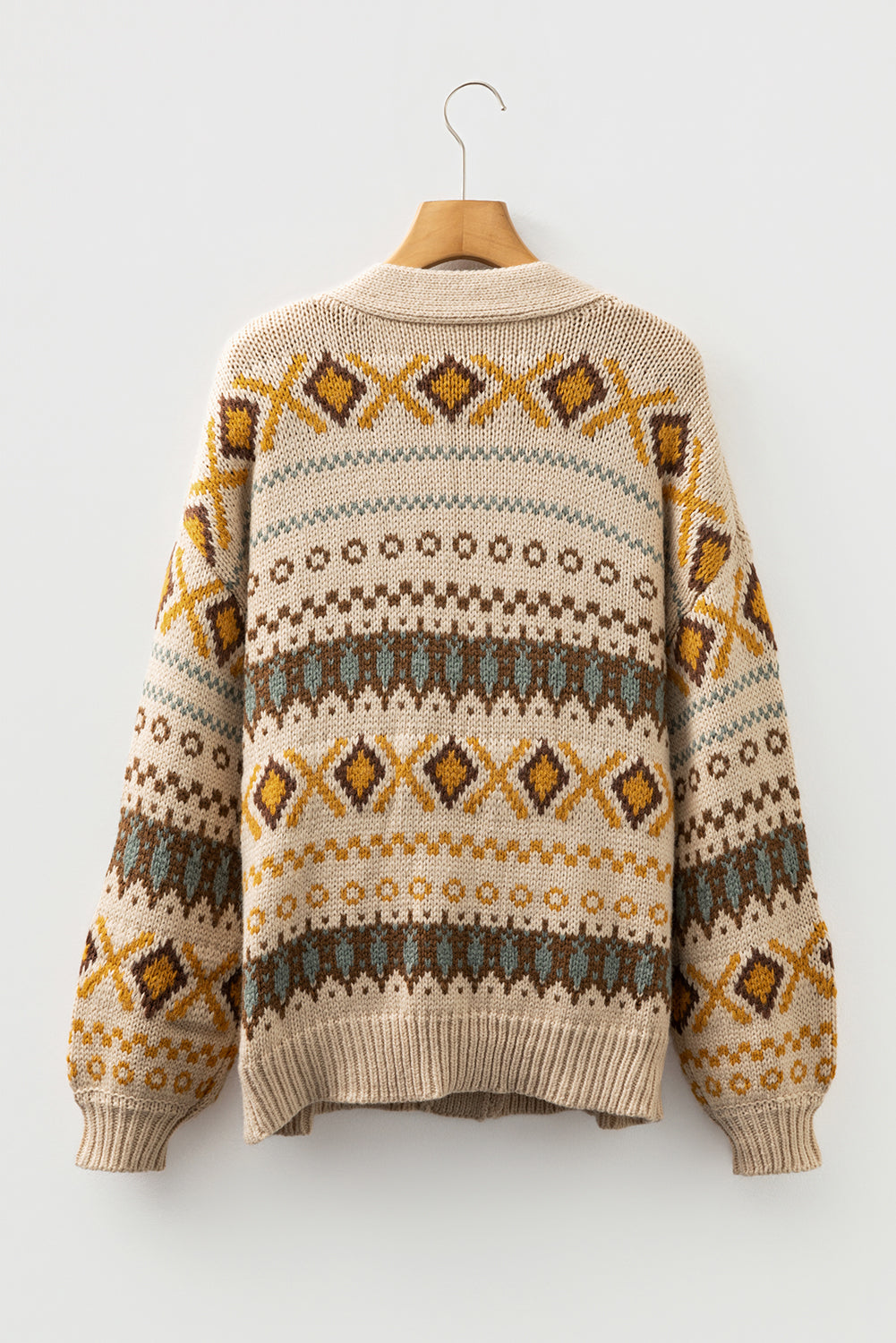 Khaki Western Pattern Knit Button V-Neck Cardigan eAura