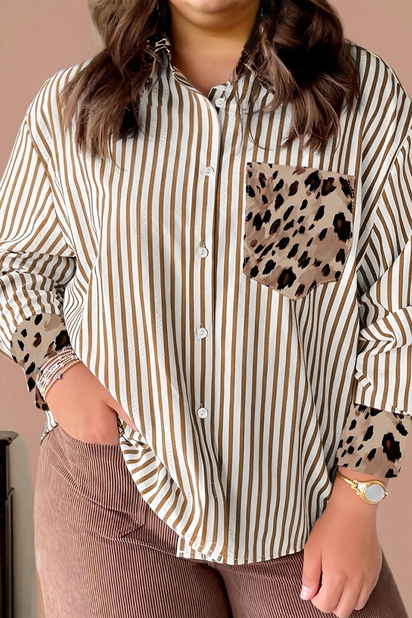 Stripe Leopard Patched Collared Chest Pocket Cuffed Long Sleeve Plus Size Shirt - eAura