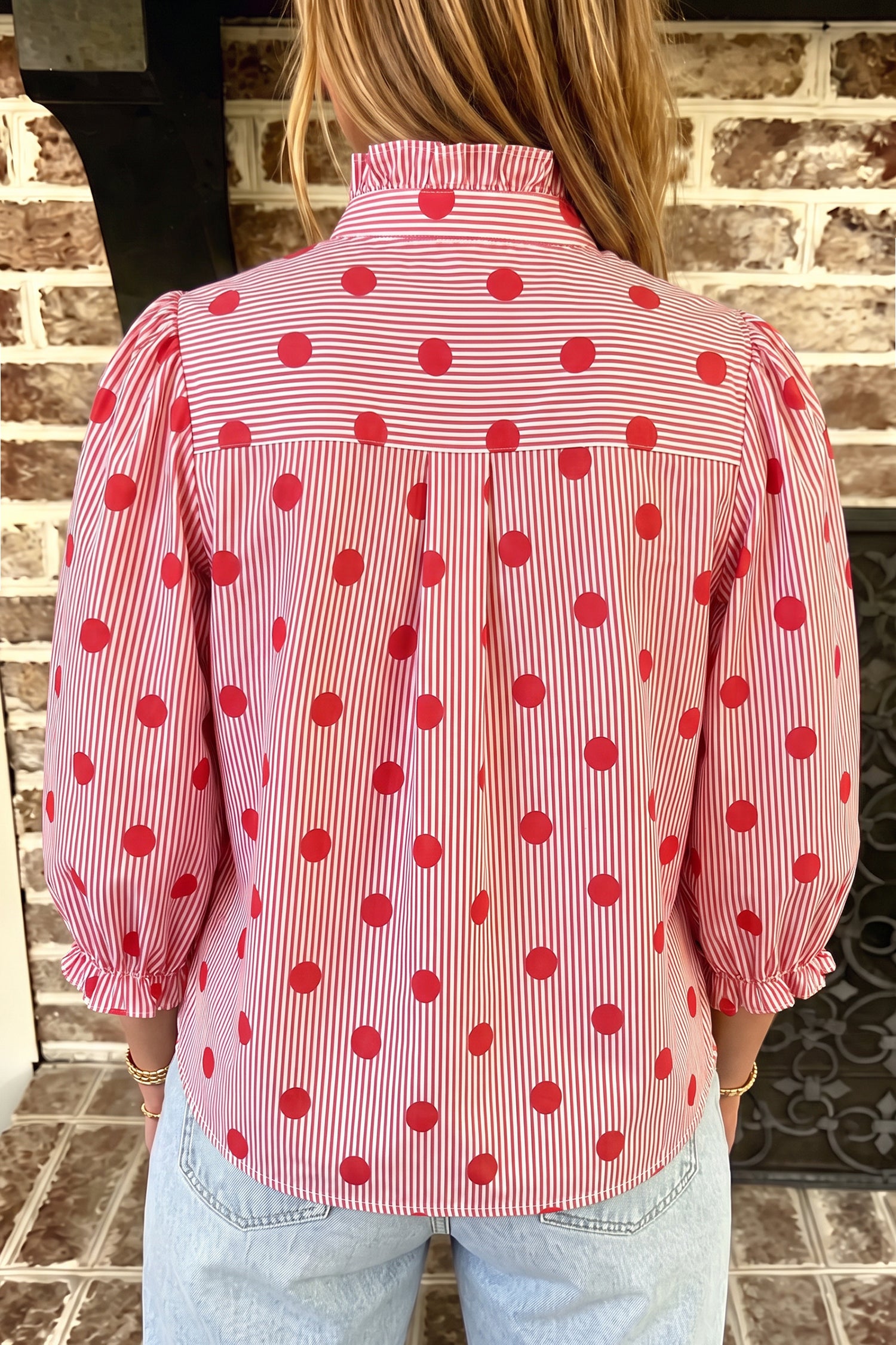 Polka Dot Striped Print Ruffle Stand Neck 3/4 Sleeve Shift Shirt – Fiery Red