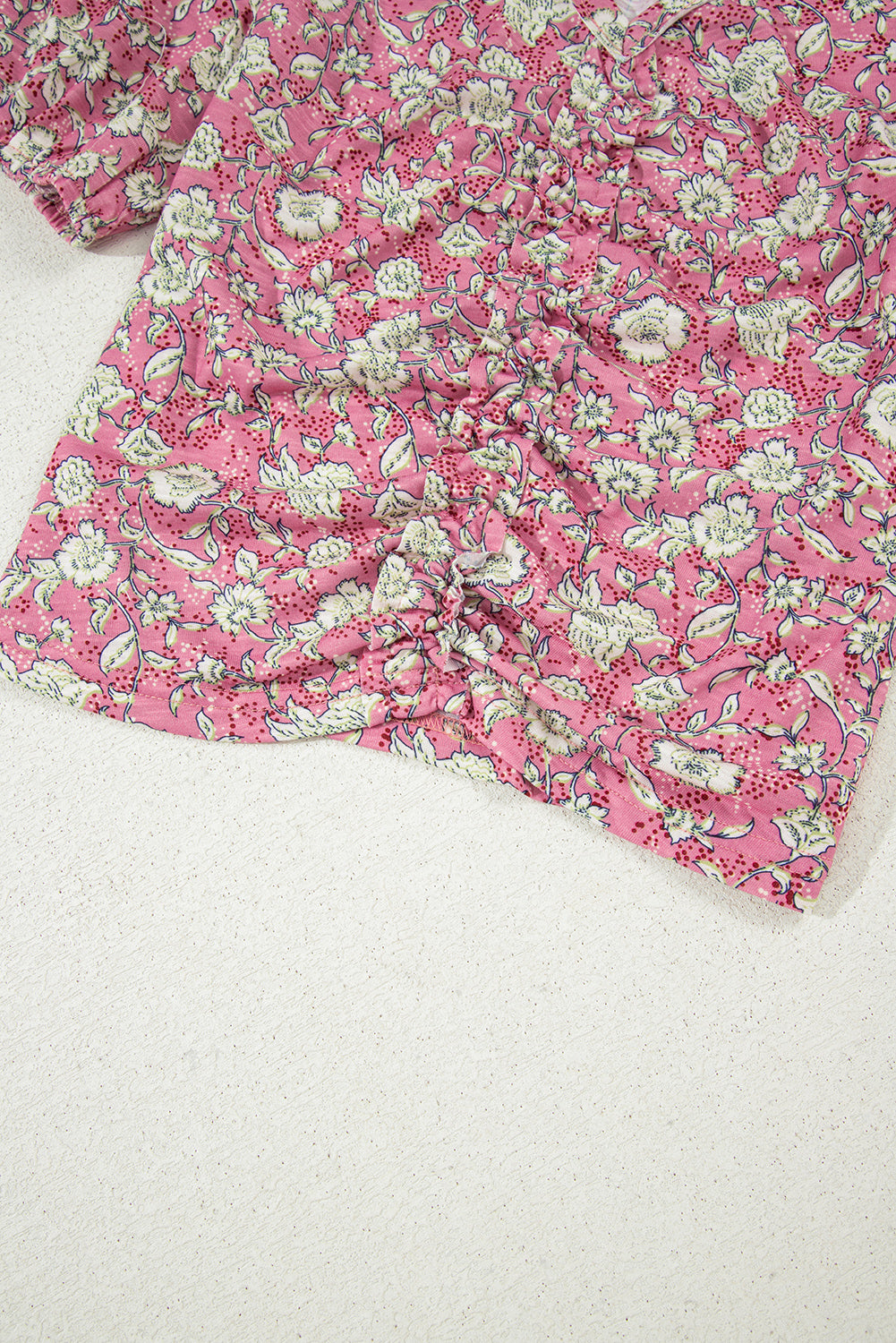 Pink Floral Short Puff Sleeve V Neck Ruched Blouse eAura