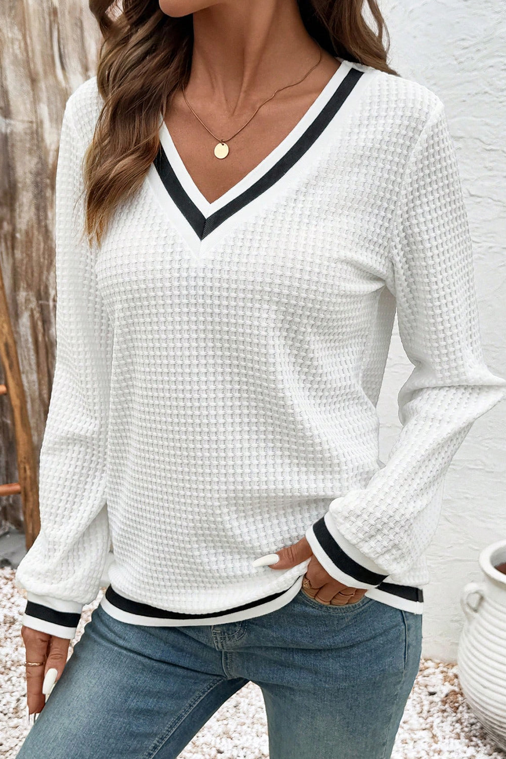 Textured Preppy Striped Trim V-Neck Pullover - eAura