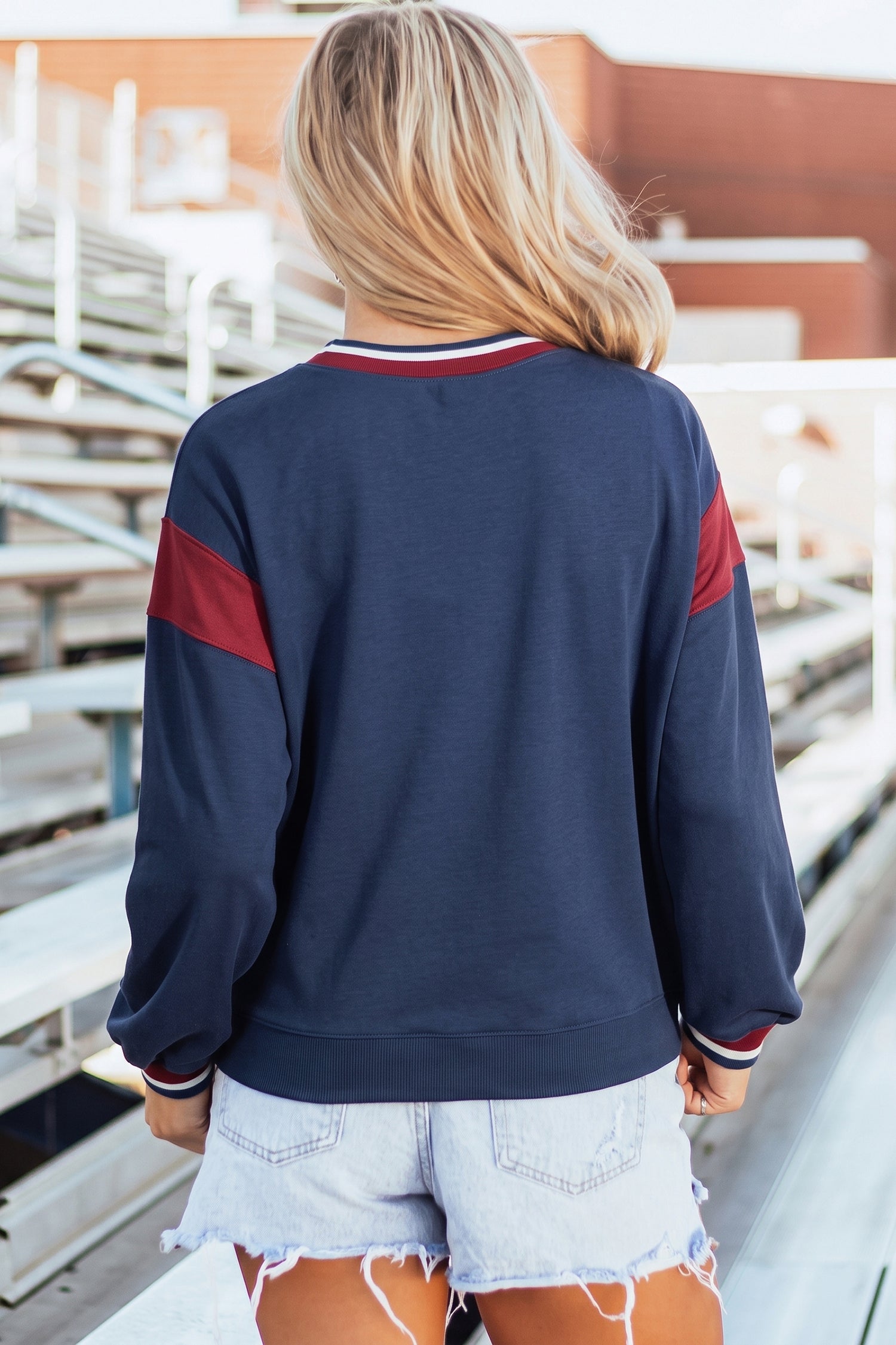 Patchwork Round Neck Long Sleeve Sweatshirt – Sail Blue
