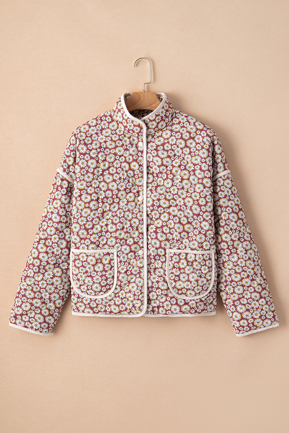 Pink Floral Print Contrast Edge Stand Neck Coat eAura
