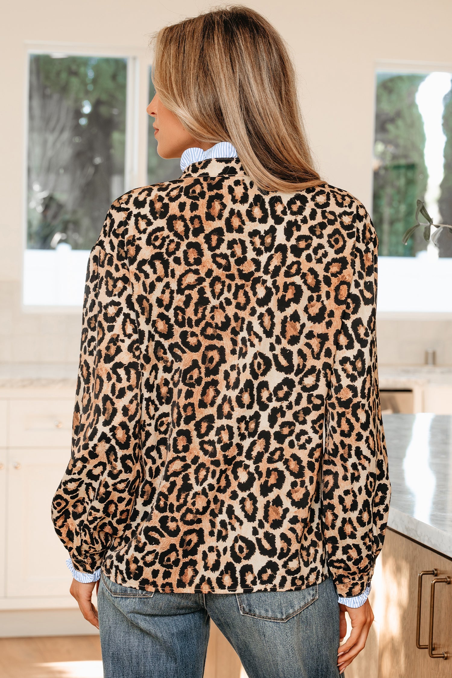 Leopard Print Contrast Striped Frilled Trim Chic Shirt - Tops/Blouses & Shirts
