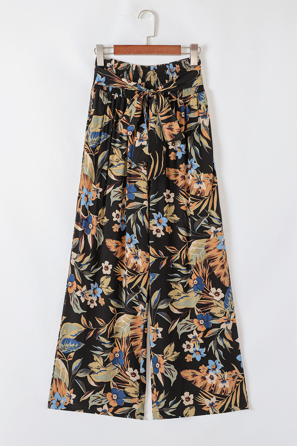 Multicolour Floral Shirred High Waist Wide Leg Trousers with Tie eAura