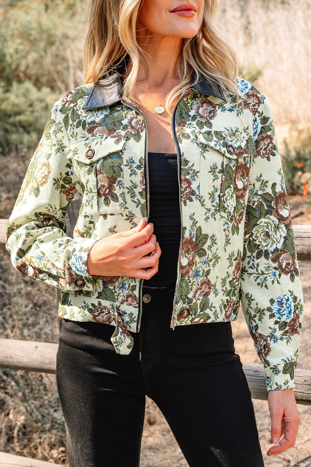 Khaki Floral Print Zip Up Contrast Collared Jacket - eAura