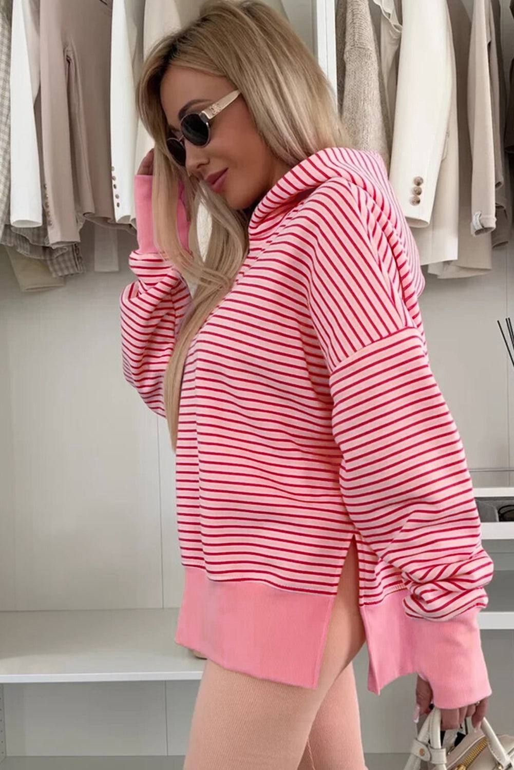 Stripe Thumbhole Side Slits Drop Shoulder Loose Fit Hoodie Dear-Lover Dropshipping