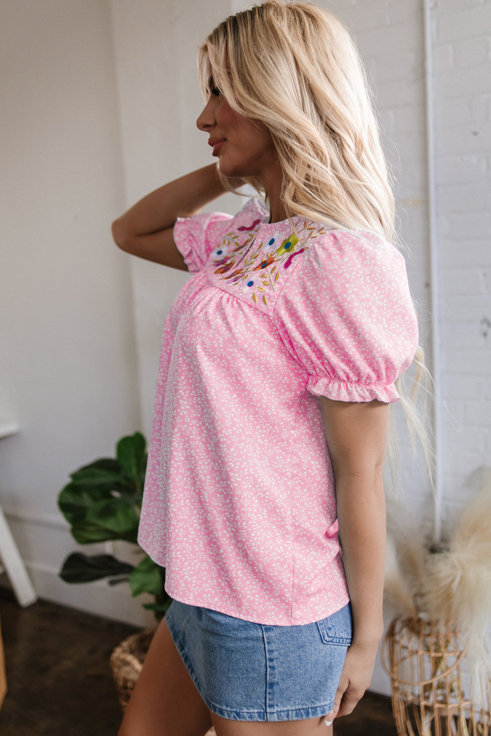 Pink Floral Embroidered Puff Sleeve Notched V-Neck Blouse eAura