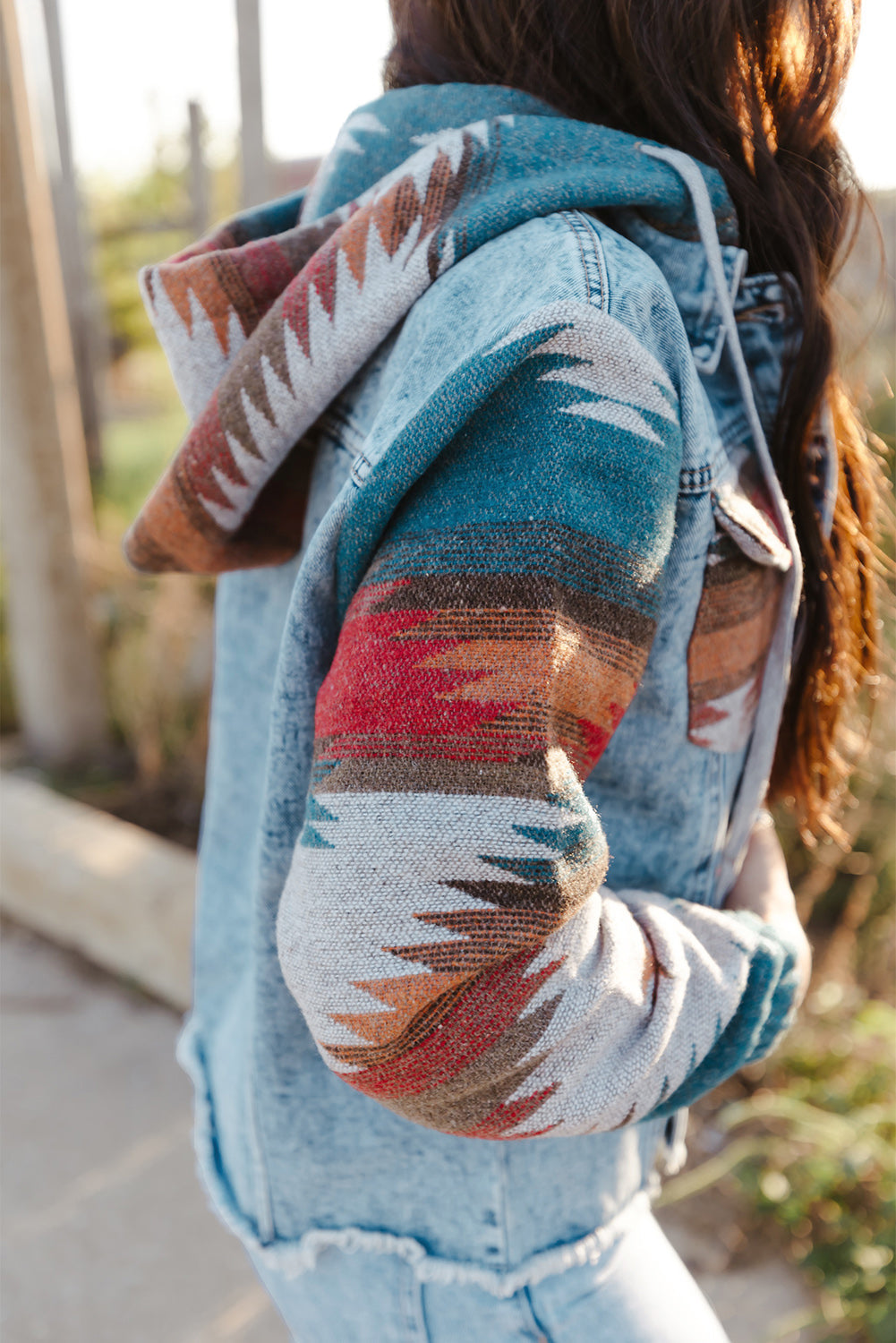 Multicolour Aztec Print Frayed Hem Denim Jacket eAura