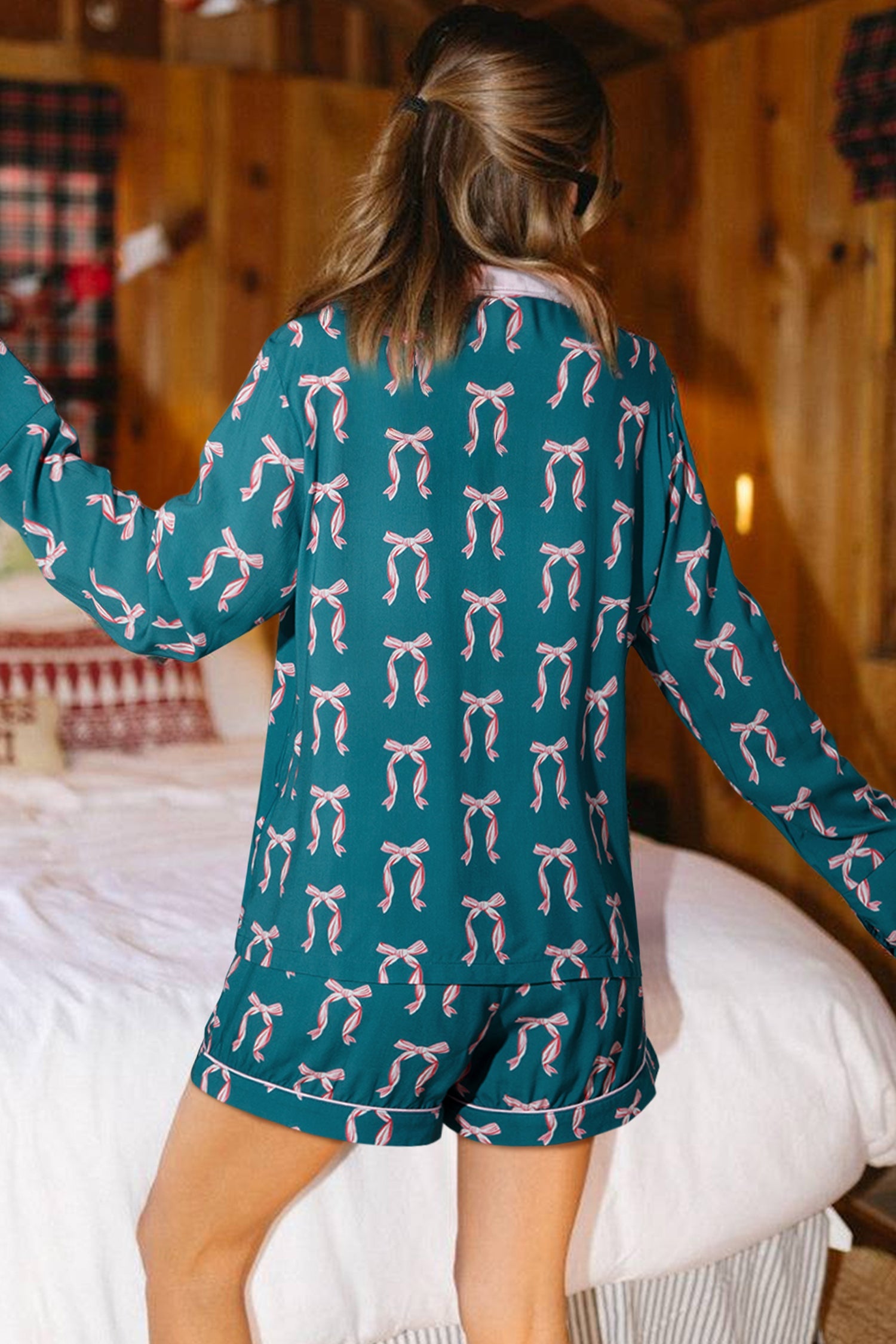 Green Ribbon Bow Print Long Sleeve Shirt and Shorts Pyjama Set - eAura