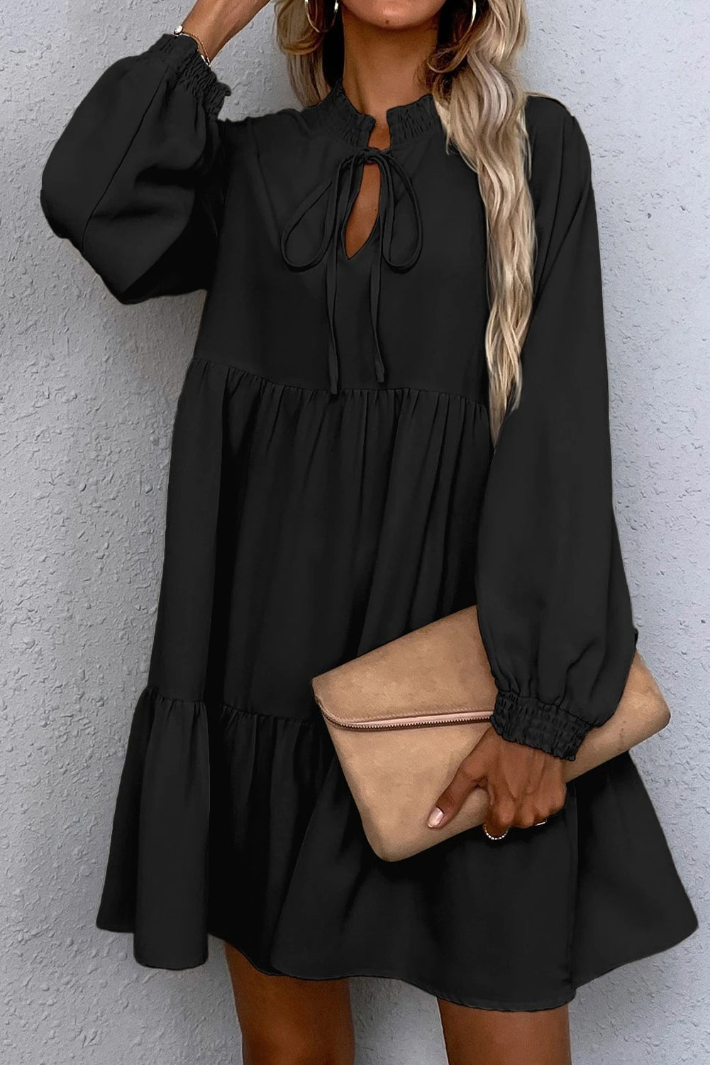 Black Tie Neck Smock Dress Long Sleeve Ruffle Hem eAura